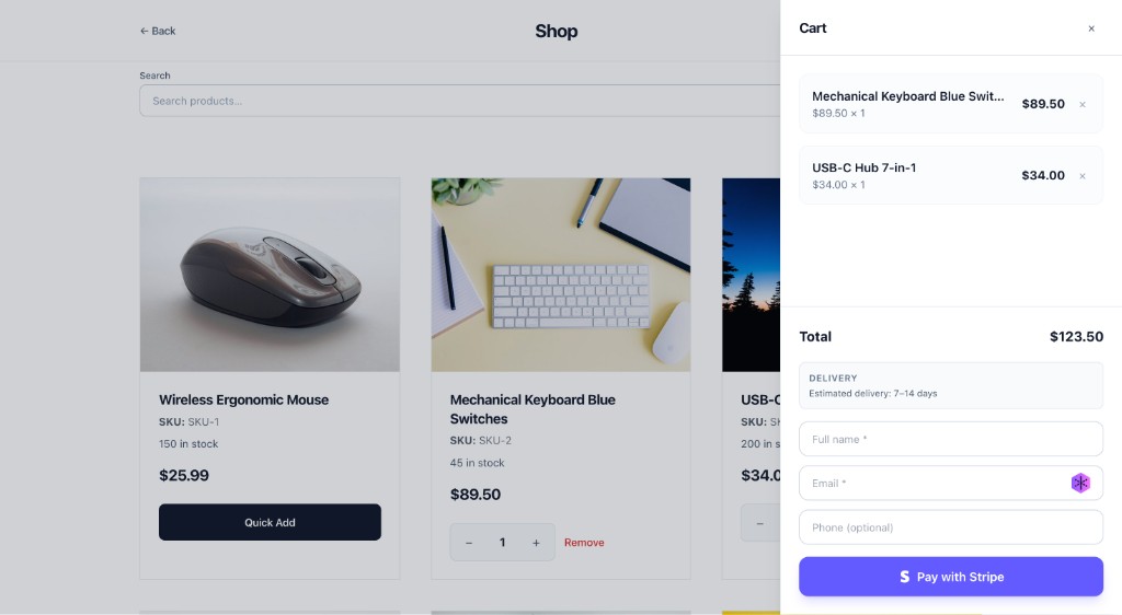 Shop page with cart and Stripe checkout