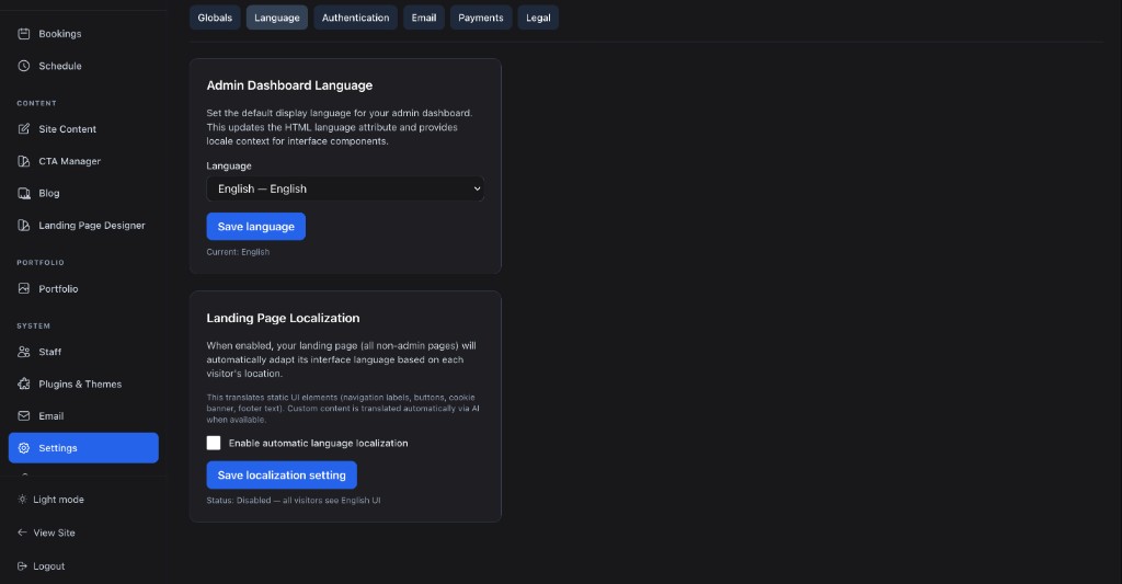 Language and localization settings in the admin dashboard